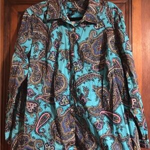 Talbots Women's Teal and Purple Paisley Button Down Shirt